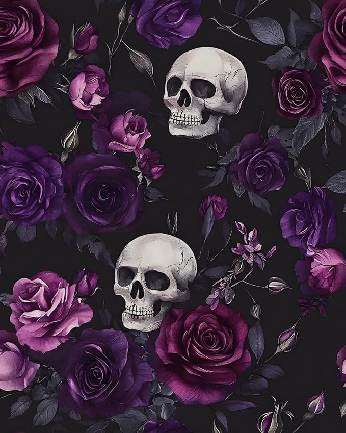 Black Floral Wallpaper Peel and Stick 17.4" x 393" Gothic Floral Vintage Sugar Skull Contact Paper Removable Self Adhesive Waterproof Covering for Cabinet Drawers Home Decor