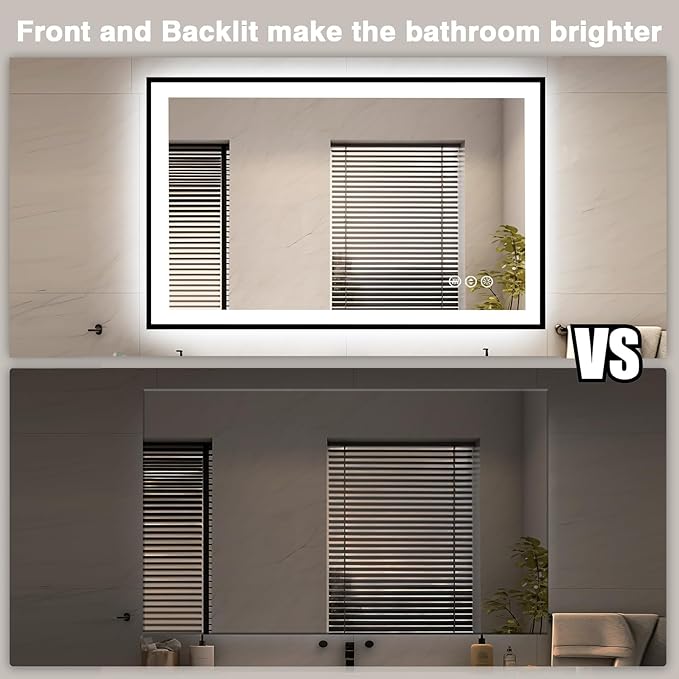 48x32 LED Bathroom Mirrors for Wall -Black Aluminum Framed (Front and Backlit), Anti-Fog Vanity Mirror With Lights,Stepless Dimmable Lighted Mirror,3 Colors Smart Mirror(Horizontal/Vertical)