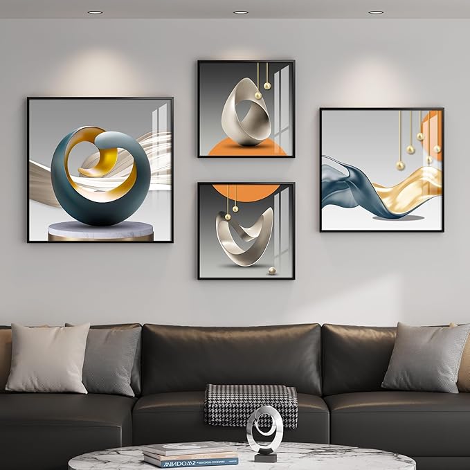 4 Piece Framed Modern Wall Art Set, Abstract Luxury Geometric Prints Artworks, Contemporary Minimalist Orange Gray and Gold Pictures Painting for Living Room, Bedroom, Hallway and Office