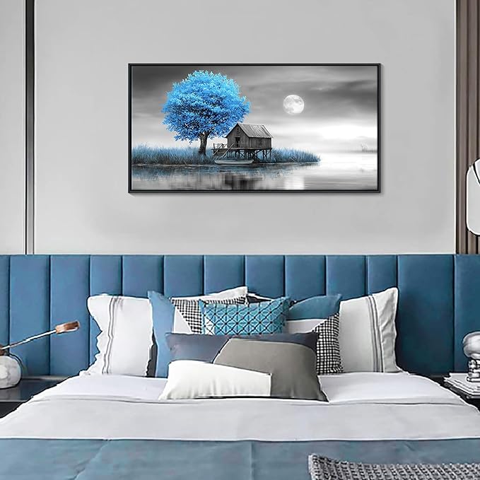 JEAWA Framed Canvas Wall Art Decor - Blue Gray Wall Art for Bedroom Study Dining Room, Winter Landscape Wall Art Canvas Paintings, Moon Pictures Wall Decor, Tree Art Wall Decor, 20x40 IN