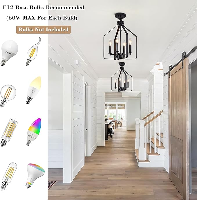 4-Light Black Farmhouse Chandelier, Geometric Industrial Cage Pendant Light, Adjustable Rustic Fixture for Dining Room, Kitchen Island, Entryway & Bedroom