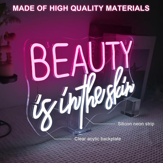 Lucunstar Beauty Is In The Skin Neon Sign,LED Neon pink cool white letters for facial spa wall neon for girl's room wall decoration beauty salon sign skincare salon beauty shop decoration
