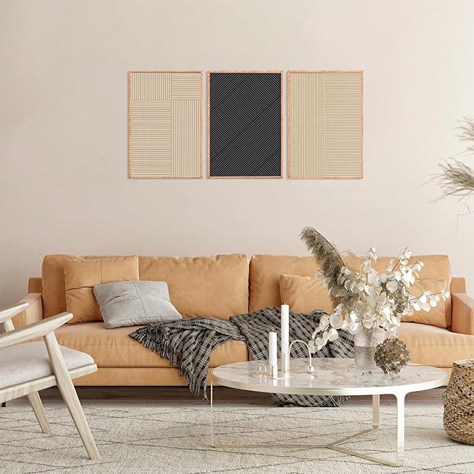 KAIRNE Modern Minimalist Wall Art Set of 3, Beige and Black Striped Geometric Prints with Wood Frame, Abstract Textured Wall Decor for Living Room, Bedroom, Office - 16x24 inch