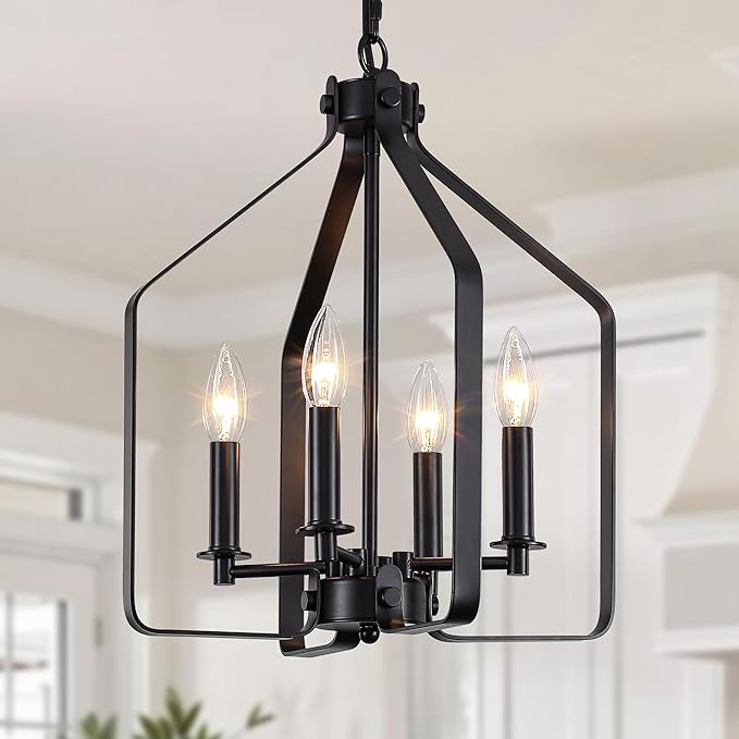 4-Light Black Farmhouse Chandelier, Geometric Industrial Cage Pendant Light, Adjustable Rustic Fixture for Dining Room, Kitchen Island, Entryway & Bedroom