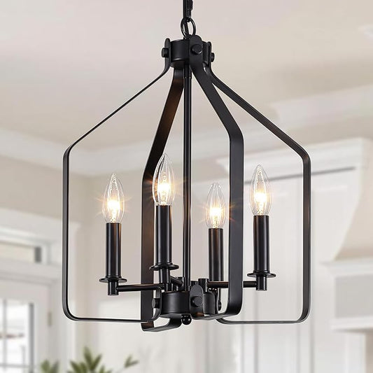 4-Light Black Farmhouse Chandelier, Geometric Industrial Cage Pendant Light, Adjustable Rustic Fixture for Dining Room, Kitchen Island, Entryway & Bedroom