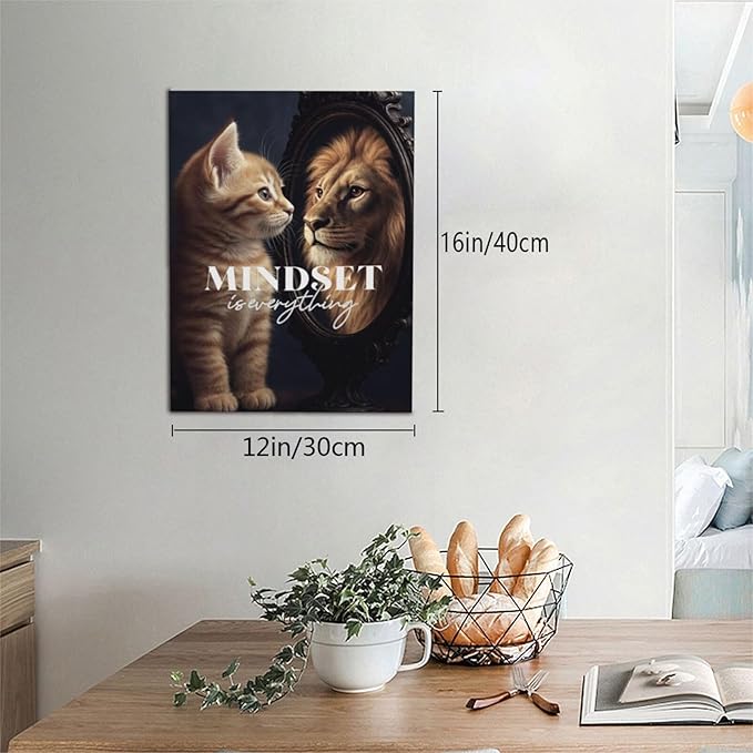 Motivational Lion And Cat Wall Art For Kids Mindset Is Everything Nursery Canvas Wall Decor Inspirational Pictures Paintings Prints Artwork Framed Decorations For Children's Room Bathroom Bedroom Living Room Office Gifts 12" x 16"