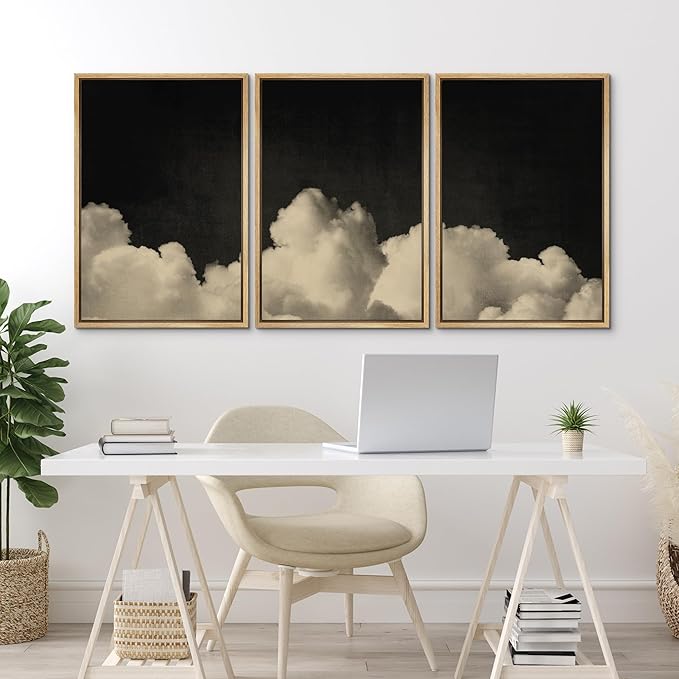 MUDECOR Framed Canvas Print Wall Art Dramatic Cloudscape Black and Beige Sky Illustrations Realism Decorative for Living Room, Bedroom, Office - 16"x24"x3 Natural