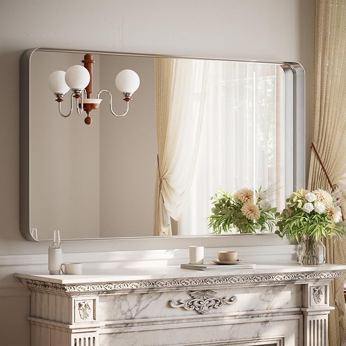 55"x 30" Silver Bathroom Mirror - Aluminum Framed Wall Mirror, Bathroom Wall Mounted Vanity Mirror, Bedroom, Living Room Wall Mirror, Hang Horizontally or Vertically