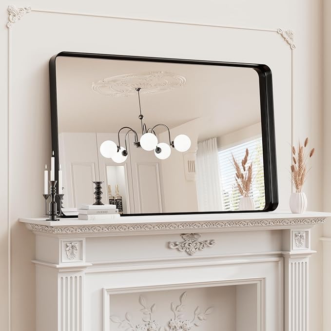 Koonmi Black Wall Mirror for Bathroom, 30x48 Inch Matte Deep Framed Rounded Rectangle Vanity Mirror for Farmhouse Living Room, Tempered Glass, Anti-Rust, Vertically or Horizontally