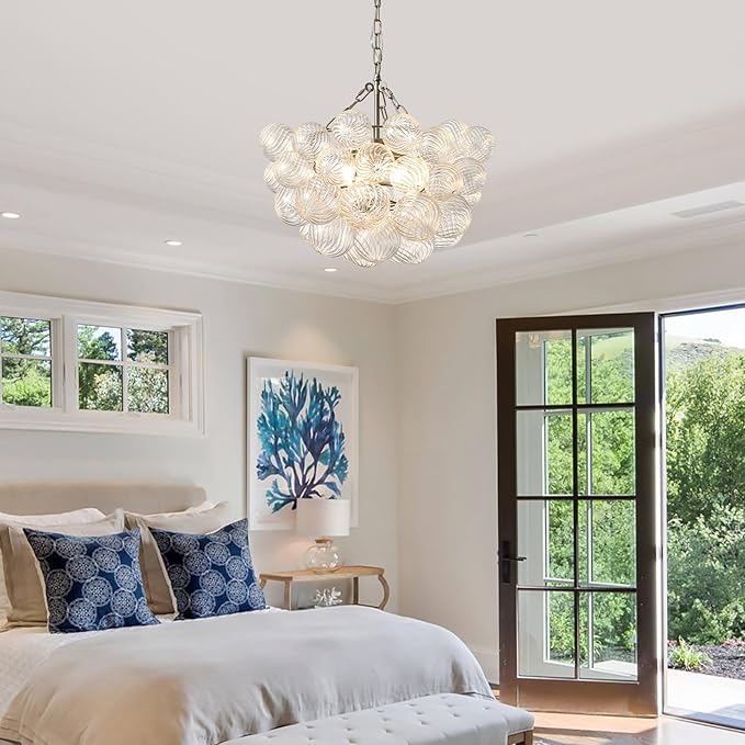 Nordic Bubble Ball Swirled Modern Chandelier,Dia 20 Inch Bubble Lighting, Nickel and Clear Glass Lighting with Chandelier Light,for Bedroom Study Restaurant
