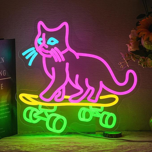 Cat Skateboard Neon Sign for Wall Decor Cat Neon Light Skateboard LED Neon Signs Colorful Led Neon Lights for Bedroom Pet Shop Skatepark Decoration