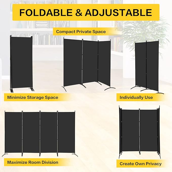 MAYOLIAH 4 Panel Privacy Screen Room Dividers 6FT Tall Portable Office Wall Divider for Rooms Separator 136"x20"x71", Black
