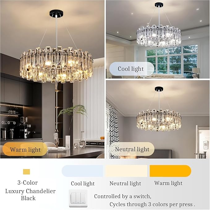 Modern Luxury K9 Crystal Chandelier Round Pendant Light Easy Install Ceiling Hanging Light Fixture for Dining Living Room Kitchen Island Entryway Foyer D23.6 Black 8-Lights