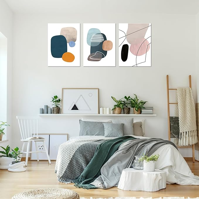 ouiytws Abstract Wall Art Set of 3 – Mid Century Modern Geometric Canvas Prints, Minimalist Teal Orange Beige Artwork for Living Room, Bedroom, Office, Bathroom Wall Décor，Frame 12x16in