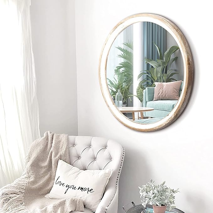24 Inches Wooden Round Wall Mirror for Bathroom Vanity, Farmhouse Decorative Circle Mirrors with Whitewash Edge, for Bedroom, Entryway, Living Room, Kithen, Home, Office