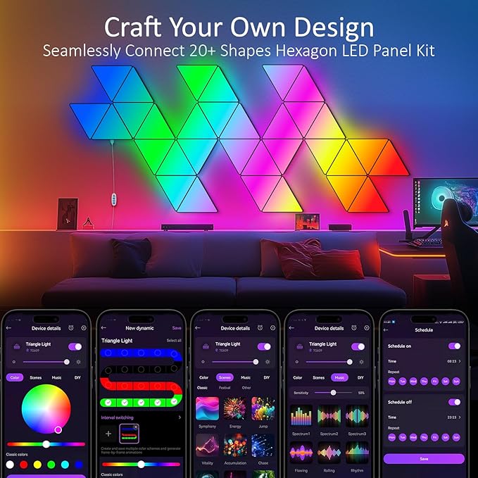 8 PCS Triangle Light Panels – Smart RGB Gaming Triangle LED Lights with App & Music Sync – Bedroom Lamp, Wall Art, Essentials, Playroom & Home Deco