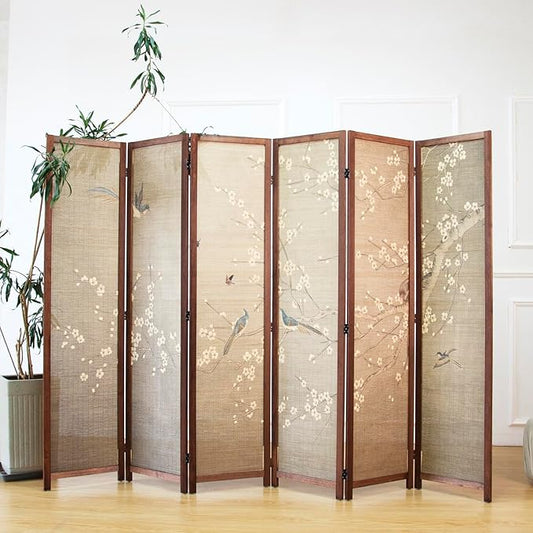 6 Panel Room Divider Screen and Folding Panel Screen,Double Sided Bamboo Divider for Room Separation,White Plum and Birds,67" H x 63" W,67" H x 94.5" W