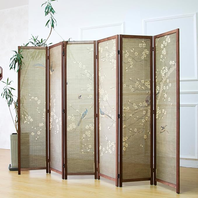 6 Panel Room Divider Screen and Folding Panel Screen,Double Sided Bamboo Divider for Room Separation,White Plum and Birds,67" H x 63" W,67" H x 94.5" W