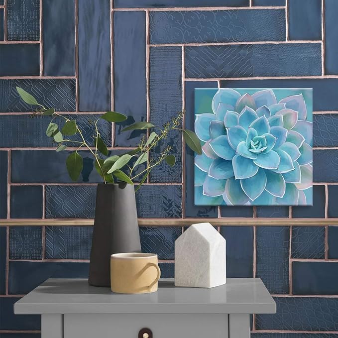 Blue Succulents Bathroom Decor Wall Art Framed Modern Popular Wall Plants Decorations Canvas Prints Artwork Wall Decor for Bedroom Blue Flower Pictures Size 14x14 inch Easy to Hang