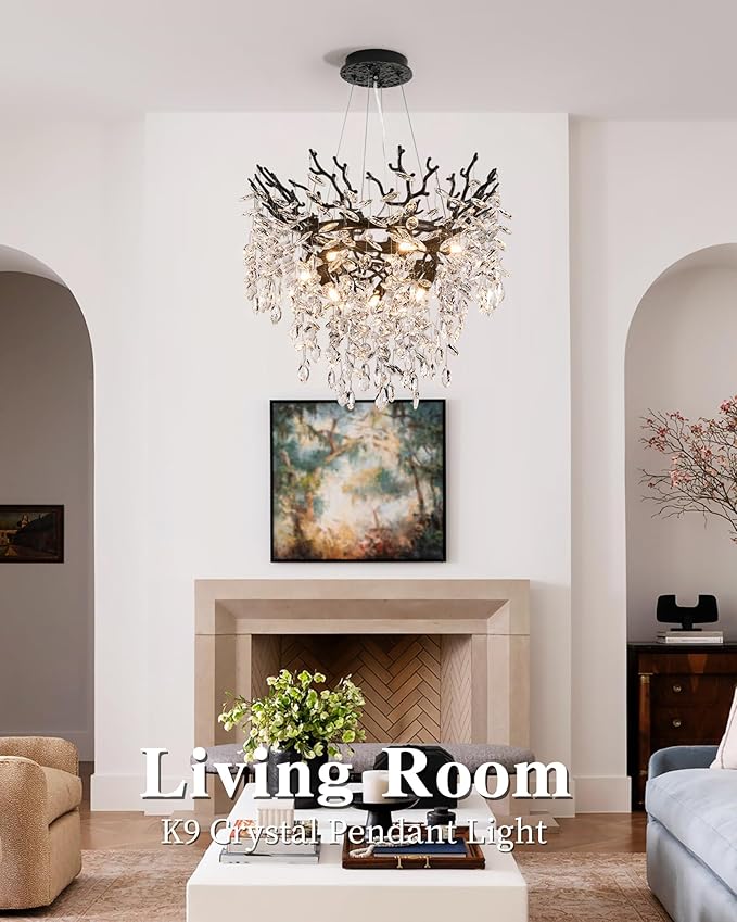Modern Crystal Chandelier for Dining Room, 23.62" Black Tree Branch Chandeliers, 8-Light Luxury K9 Crystal Round Chandeliers for Kitchen Island Living Room