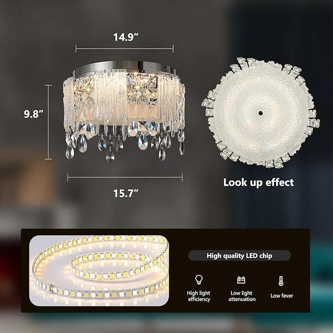 Modern Crystal Chandelier Chrome Round Semi Flush Mount Ceiling Light Fixture,Dimmable LED Close to Ceiling Light for Living Room, Bedroom, Hallway, Dining Room, Hallway Entryway Kitchen