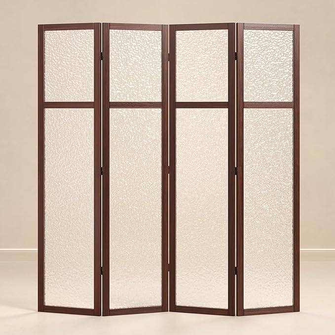 Acrylic Room Divider, 4-Panel Freestanding Partition Screen, Frosted Translucent Privacy Panel - Lightweight Modern Divider for Home Office Studio (Walnut, 4 Panels)