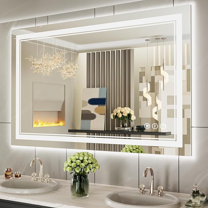 48 x 30 Inch LED Bathroom Mirror with Lights, Front and Backlit Anti-Fog Dimmable Memory Lighted Bathroom Vanity Mirrors for Wall, Shatterproof Led Mirror for Bathroom