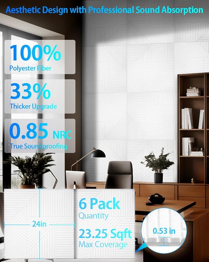 6 Pack Acoustic Wall Panels Self-Adhesive, 23.6" X 23.6" X 0.5" Decorative Acoustic Panels, Soundproof Wall Panels for Studio, Home & Living Room, Polyester - Grille White