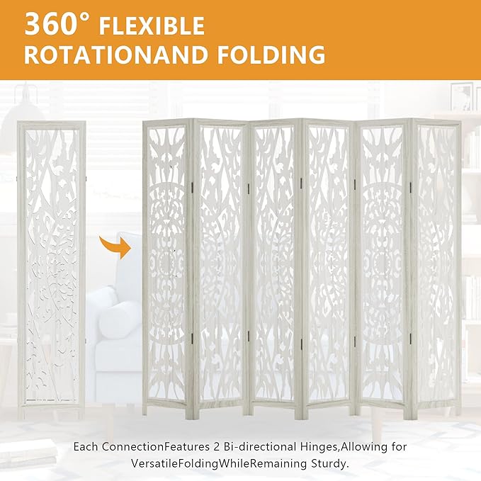 Casaphoria 6 Panels Room Divider, Folding Screen Room Divider with Carved Floral Pattern for Home Office, Restaurant and Bedroom, Paulownia Wood, 95" W x 67" H (White)
