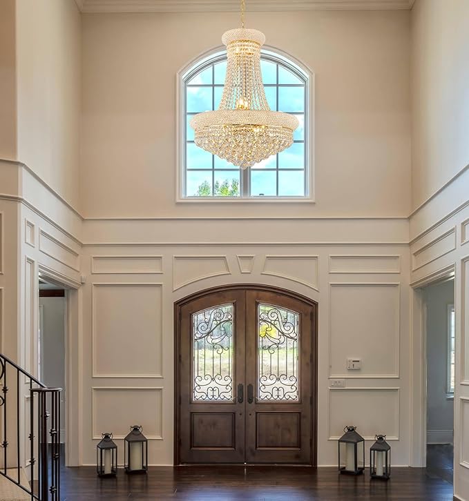 14 - Light Unique Empire Crystal Chandelier with Adjustable Chain for High Ceiling Foyer Entryway Living Room Dining Room Bedroom Gold Finish