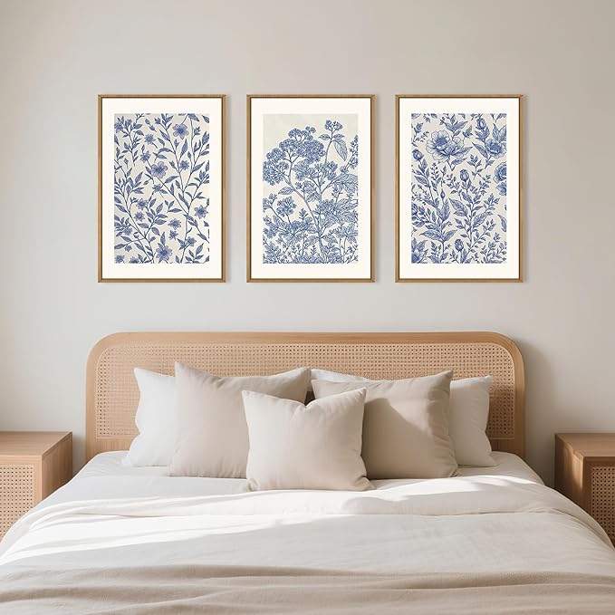 Large Classic Chinoiserie Flower Framed Canvas Wall Art Set,Minimalist Blue and White Floral Wall Decor,Navy Watercolor Botanical Blossom Artwork for Living Room,Bedroom-24 x36 x3