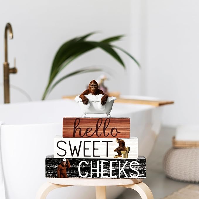 4 Pcs Funny Bigfoot Bathroom Decor Farmhouse Sasquatches Bathroom Decoration Western Hello Sweet Cheeks Table Centerpiece Christmas
