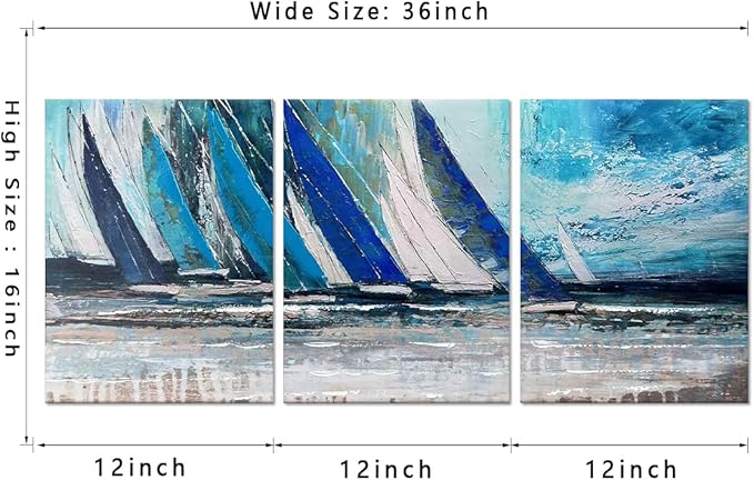MAMAGO Blue Wall Art - 3 Panels Abstract Canvas Decor Painting Seascape Poster Textured Navy Blue Modern Sailboat Ocean Artwork for Bedroom Framed Easy to Hang - 12" W x 16" Hx3pcs