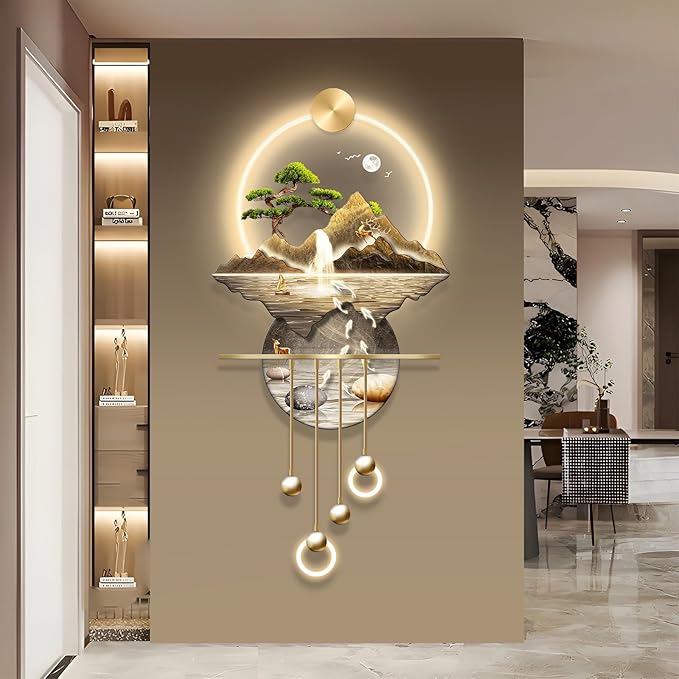 LED Light Art Wall Decor, Decor Wall Sculptures Art 3D for Home, Arts Decorations Walls Sculpture with Light, Plug-in Power Supply, Gold E, 23x53IN