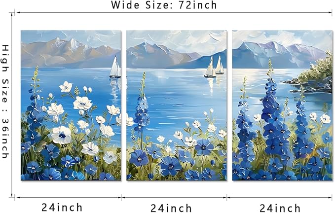 MAMAGO Large 3 Pieces Blue Wildflower Wall Decor Vintage Nautical Plant Canvas Print Oil Painting Coastal Natural Scenery Picture Modern Bathroom Farmhouse Artwork Framed Easy to Hang-24”x36”x3pcs