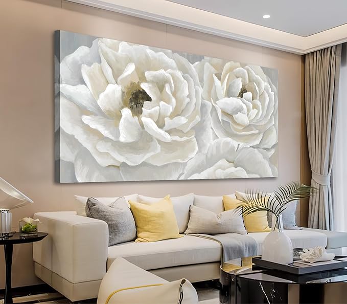 arteWOODS Cream White Flowers Wall Art - Soft Peony Pictures for Wall Decor Elegant Blossom Flower Painting Artwork Botanical Prints for Living Room Home Office Wall Decoration 29" x 58"