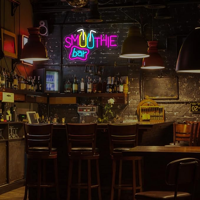 Looklight Smoothie Bar Neon Sign,Words Neon Signs for Wall Decor,Pink Letter LED Neon Light Bar Sign, Light Up Signs for Store Beverage Cool Smoothie Bar Shop