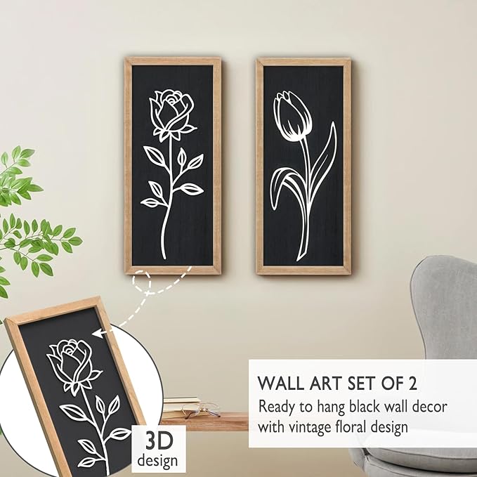 3D Wooden Black and White Floral Framed Wall Decor of 2, 7"X16" Farmhouse Vintage Boho Minimalist Flower Wall Art for Living Room, Rustic Retro Moody Vertical Tulip Rose Botanical Wall Sculptures