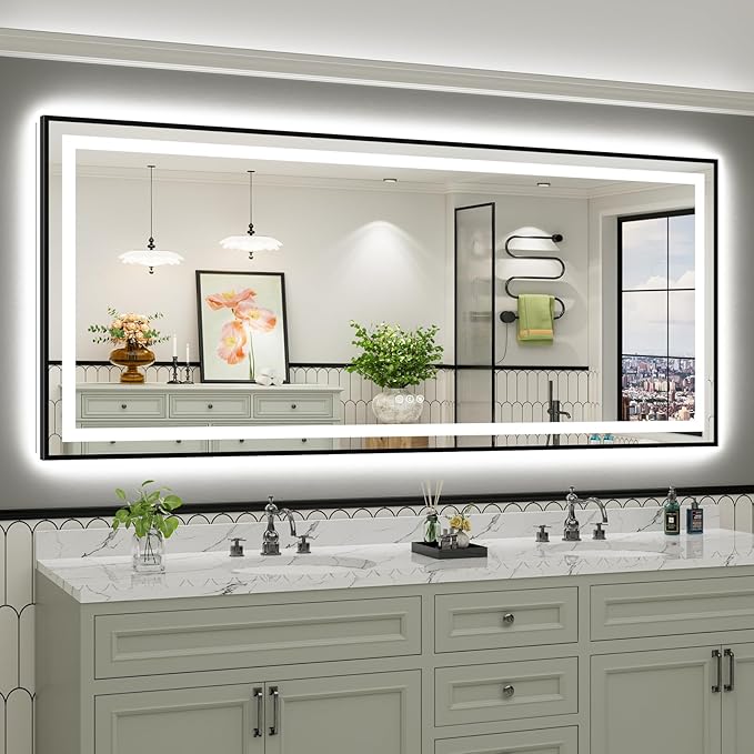 88x38 Inch LED Bathroom Mirror with Black Frame, Backlit & Front Lit, Anti-Fog Lighted Bathroom Vanity Mirror for Wall, Memory Function, Dimmable, HD Tempered Glass, Shatter-Proof