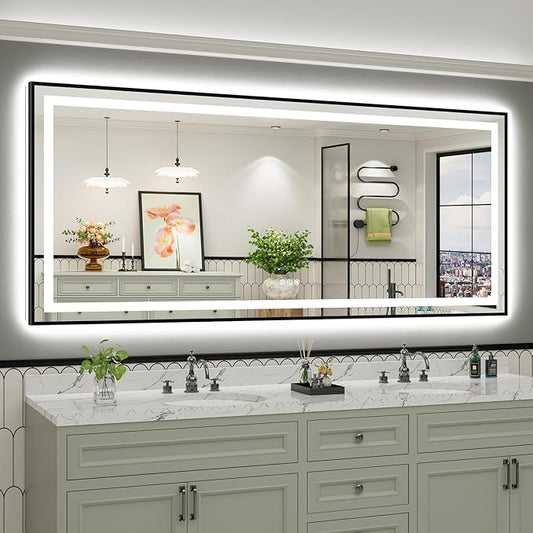 88x38 Inch LED Bathroom Mirror with Black Frame, Backlit & Front Lit, Anti-Fog Lighted Bathroom Vanity Mirror for Wall, Memory Function, Dimmable, HD Tempered Glass, Shatter-Proof