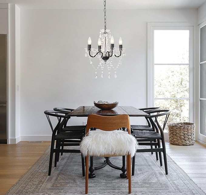 LaLuLa White and Black Chandelier Small Acrylic Crystals Chandeliers Modern 4 Light Pendat Lighting for Kitchen and Dining Room