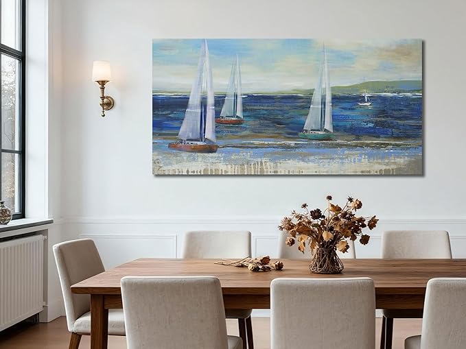 Ardemy Blue Abstract Canvas Wall Art for Living Room Sailboat Extra Large Wall Decor Painting Picture Bedroom Textured Nautical Navy Blue Seascape Artwork Art for Home Office,58"x29"