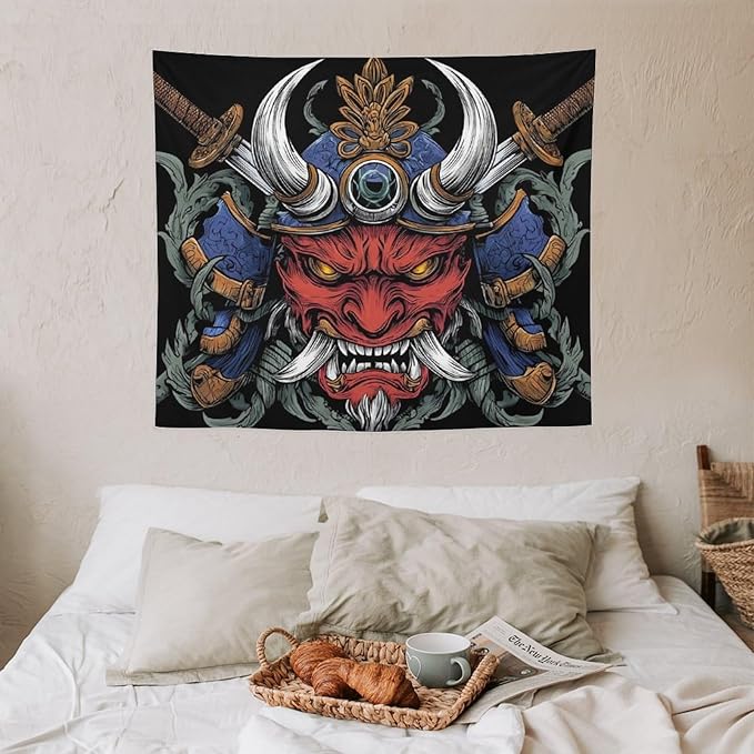 UUKXKUU Oriental Retro Mask Symmetry Samurai Tapestry Flag Backdrop Wall Hanging Large Wall Art Decor for Dorm Office Bedroom Living Room 50"×60"