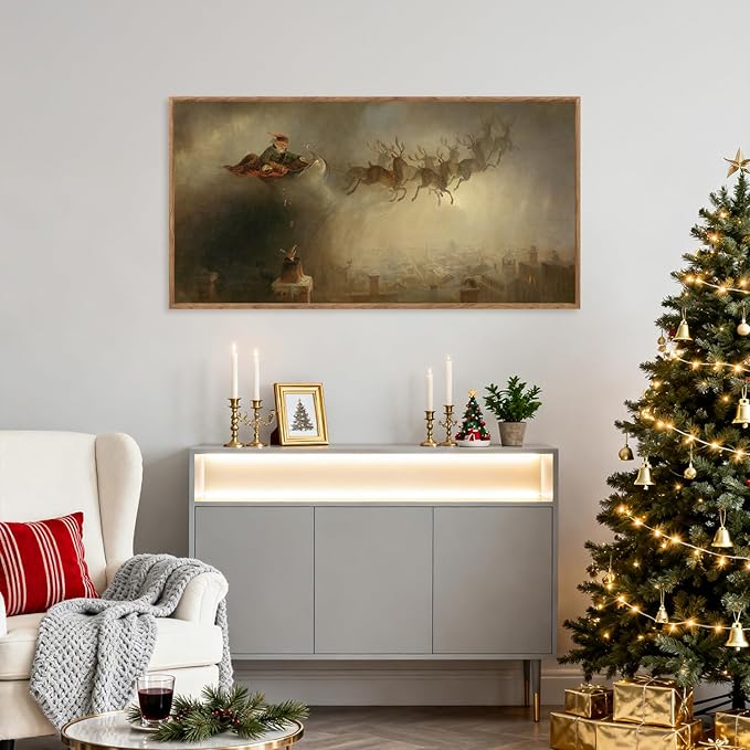 Aurlan Vintage Santa's Sleigh Rides Framed Wall Art(40"x20"), Mid Century Modern Moody Black Christmas Eve Santa Claus with Reindeer Sleigh Canvas Artwork, Neutral Abstract Xmas Winter Holiday Gift Decor for Home Office Bedroom