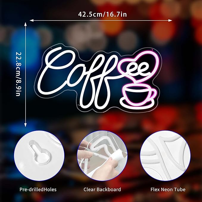 Coffee Neon Sign, Neon Signs for Wall Decor Neon LED Signs Room Neon Light Up Signs Home Decor for Business Cafe Restaurant Club Party Bar Shop USB Operated