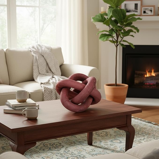 3 Link Wood Knot Decor - Hand Carved Coffee Table Decoration, Boho Chain Link Decor, Modern Shelf, Rustic Objects for Home Living Room Bedroom (Reddish-Brown)