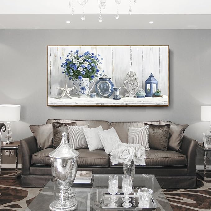 Nicetop Oversized Framed Wall Art for Living Room – Large Floral Canvas Print Blue and White Still Life Artwork Giant Shabby Chic Picture Bedroom Dining Room Office Beach Rustic Country Decor 58x29 Inch