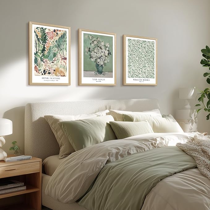 LLEEMPI Matisse William Morris Wall Art Set of 3, Sage Green Botanical Wall Decor, Abstract Van Gogh Flowers Canvas Prints, Vintage Florals Poster Print for Bedroom Bathroom Wood Framed 12x16 Inch