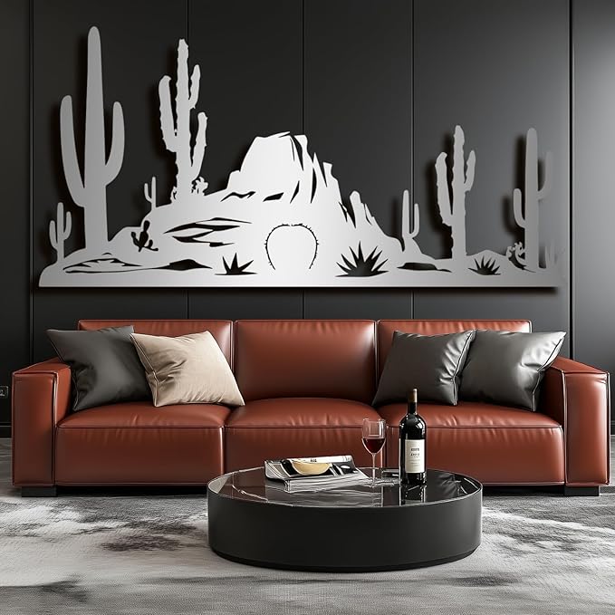 Metal Cactus Wall Decor,Southwestern Wall Art Metal,Metal Desert Wall Art,Metal Cactus Yard Art,Metal Cactus Outdoor Decor,Natural Themed Home Decor (silver, 69 L" x 34 W" / 175 x 86 cm)