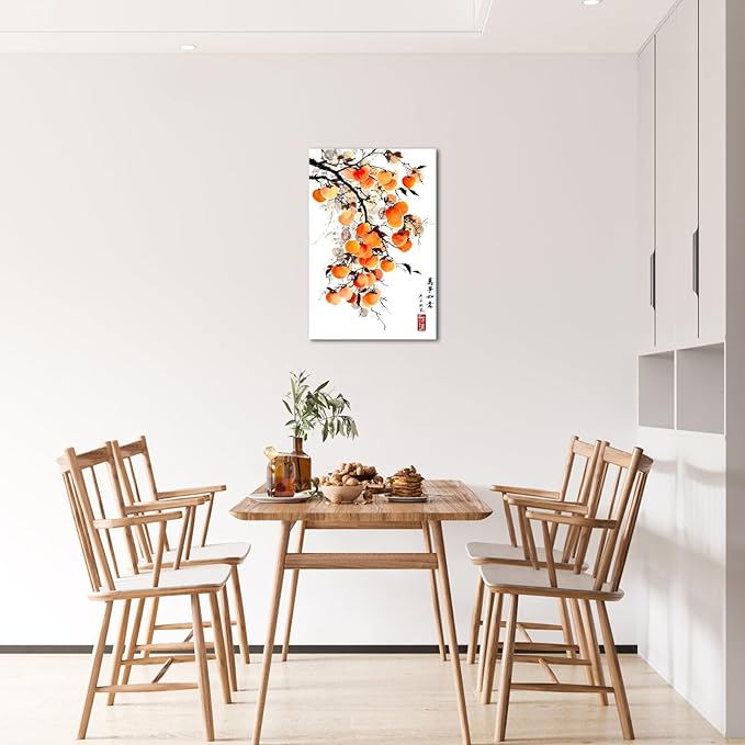 Canvbay Asian Wall Art Traditional Chinese Ink Style with 'May everything go as you wish' Quote Canvas Prints Persimmon on Branch Painting Pictures Oriental Poster for Home Decor Office 8x12inch
